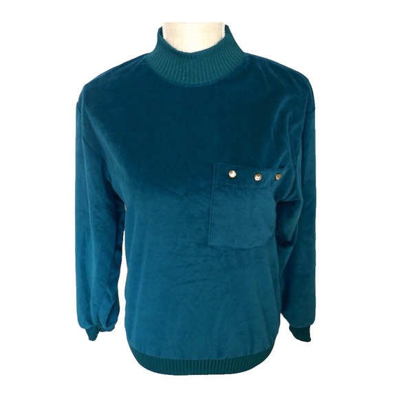Teal Velveteen Pullover Longsleeve Mock Turtle Neck Small Vintage Haband for Her - Picture 3 of 16